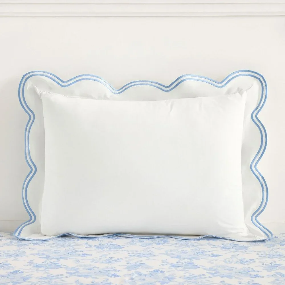 LoveShackFancy Pottery Barn Embroidered Scallop Standard Sham Blue Trim NEW